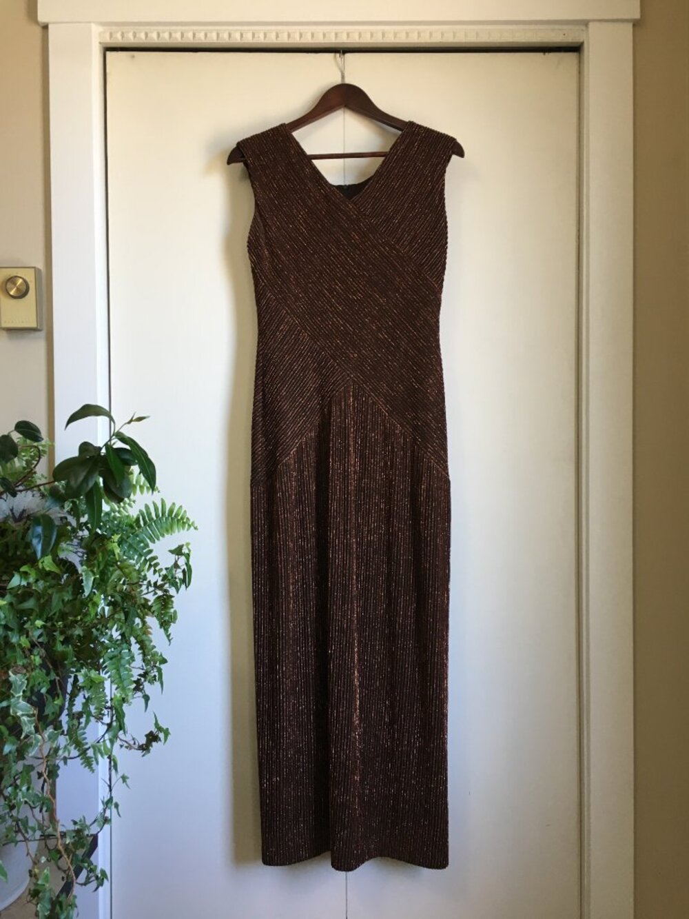 Vintage Glamour Maxi Gown Vanessa Stevens Espresso With Copper Metallic Weave